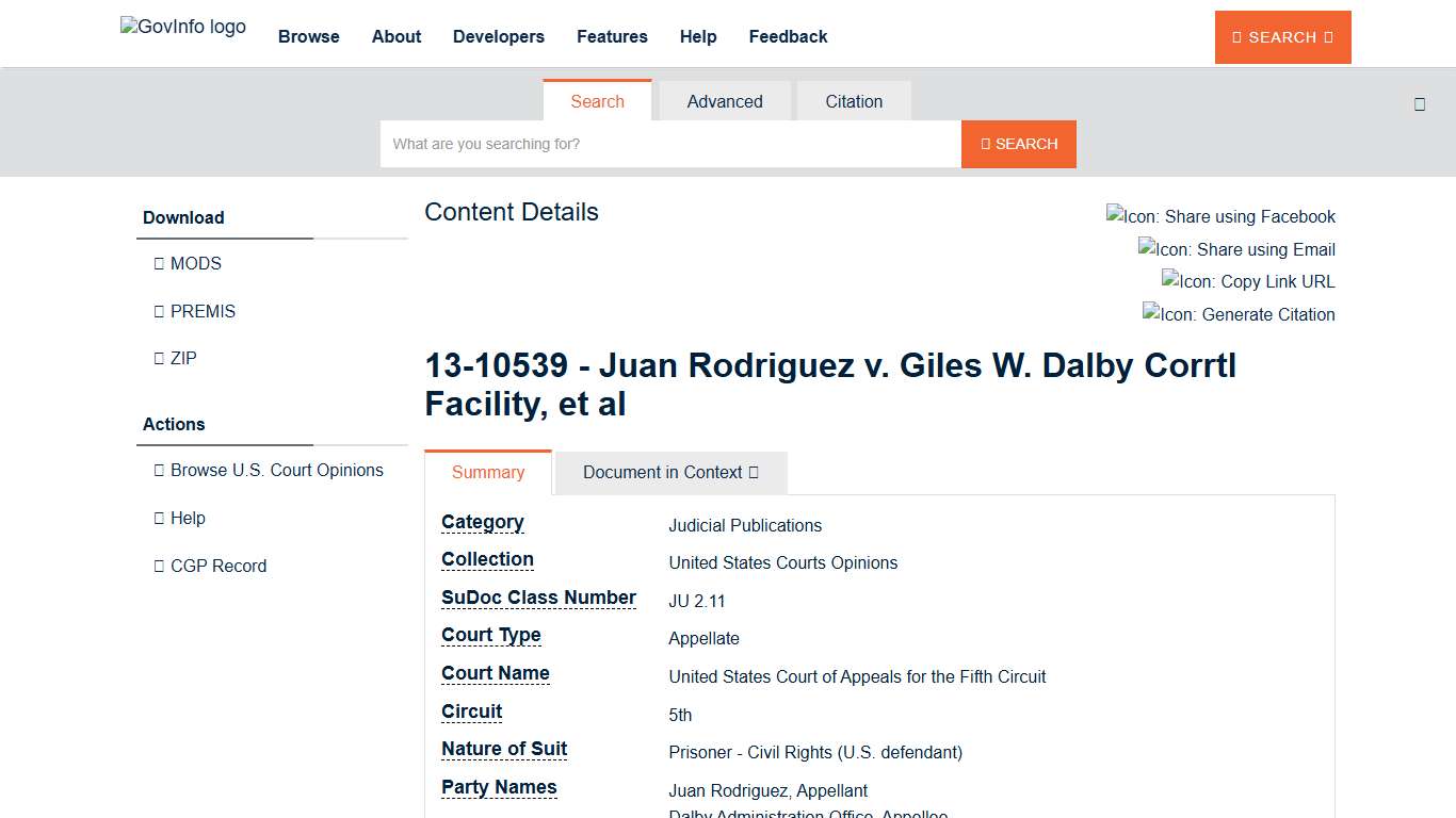 13-10539 - Juan Rodriguez v. Giles W. Dalby Corrtl Facility, et al - Content Details -